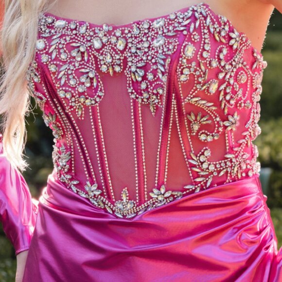 Fuchsia pink homecoming dress.Prom party Strapless metallic sheer corset bodice - Picture 2 of 5